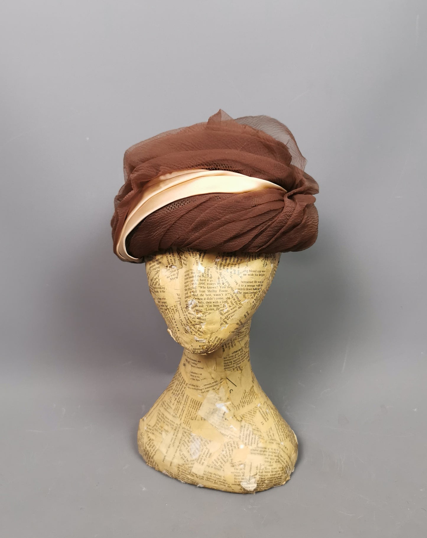 Vintage ladies ruched hat, Chocolate and Peach, c1950s