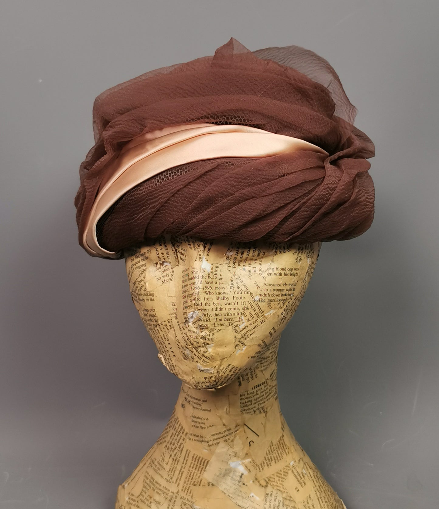 Vintage ladies ruched hat, Chocolate and Peach, c1950s