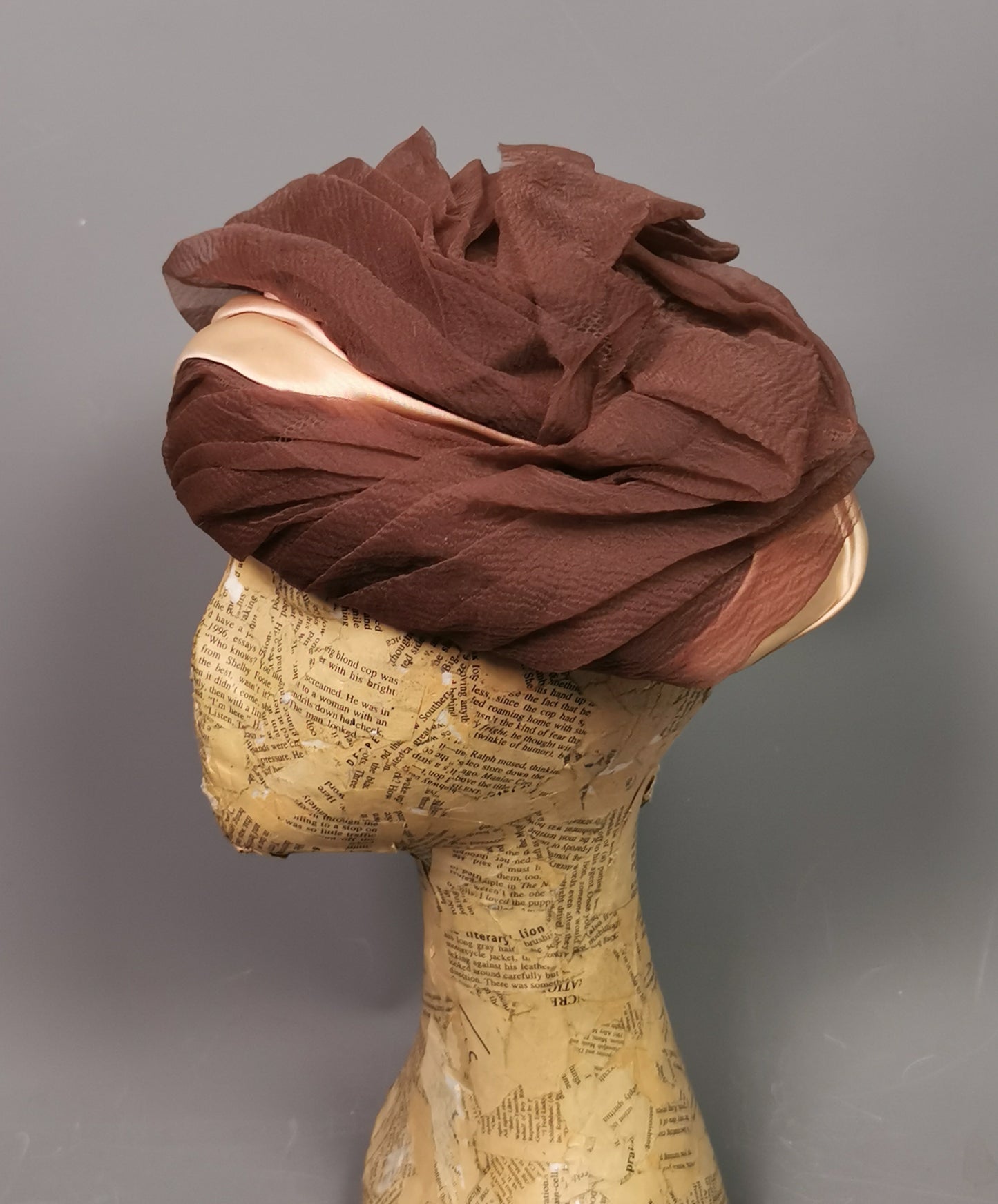 Vintage ladies ruched hat, Chocolate and Peach, c1950s