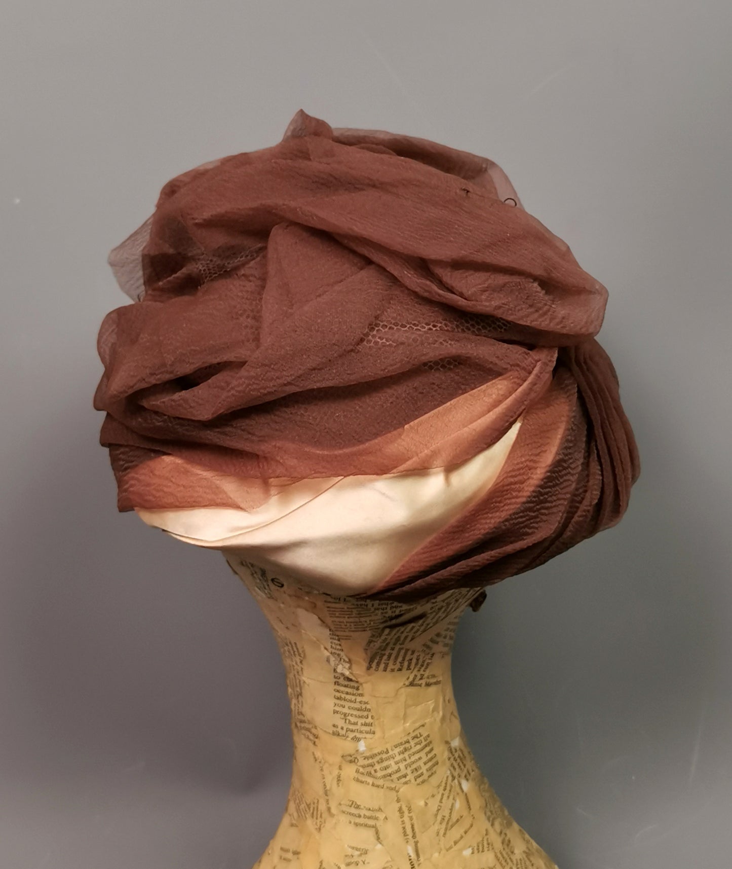 Vintage ladies ruched hat, Chocolate and Peach, c1950s