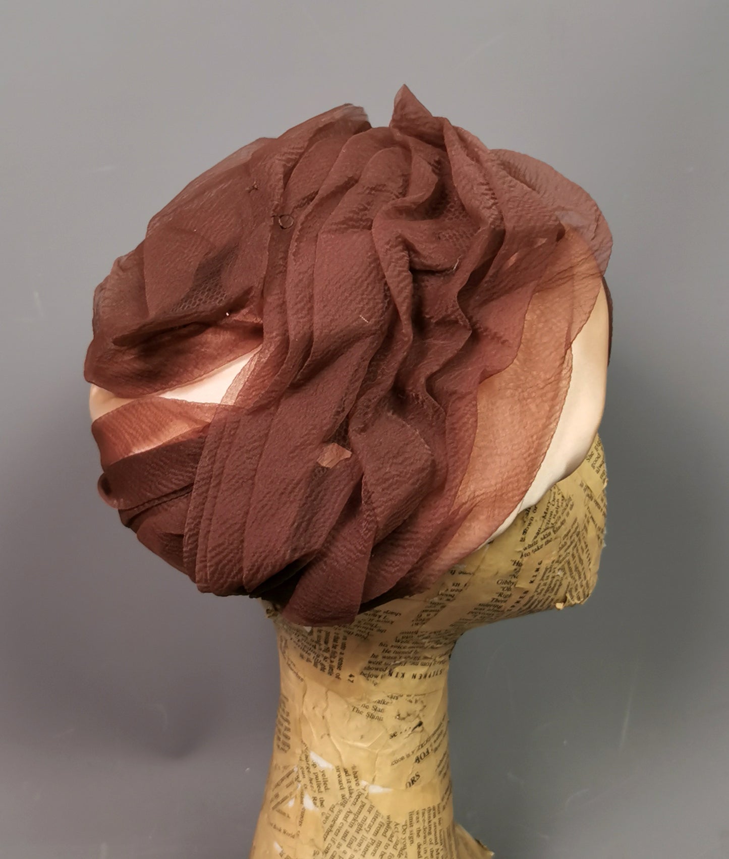 Vintage ladies ruched hat, Chocolate and Peach, c1950s