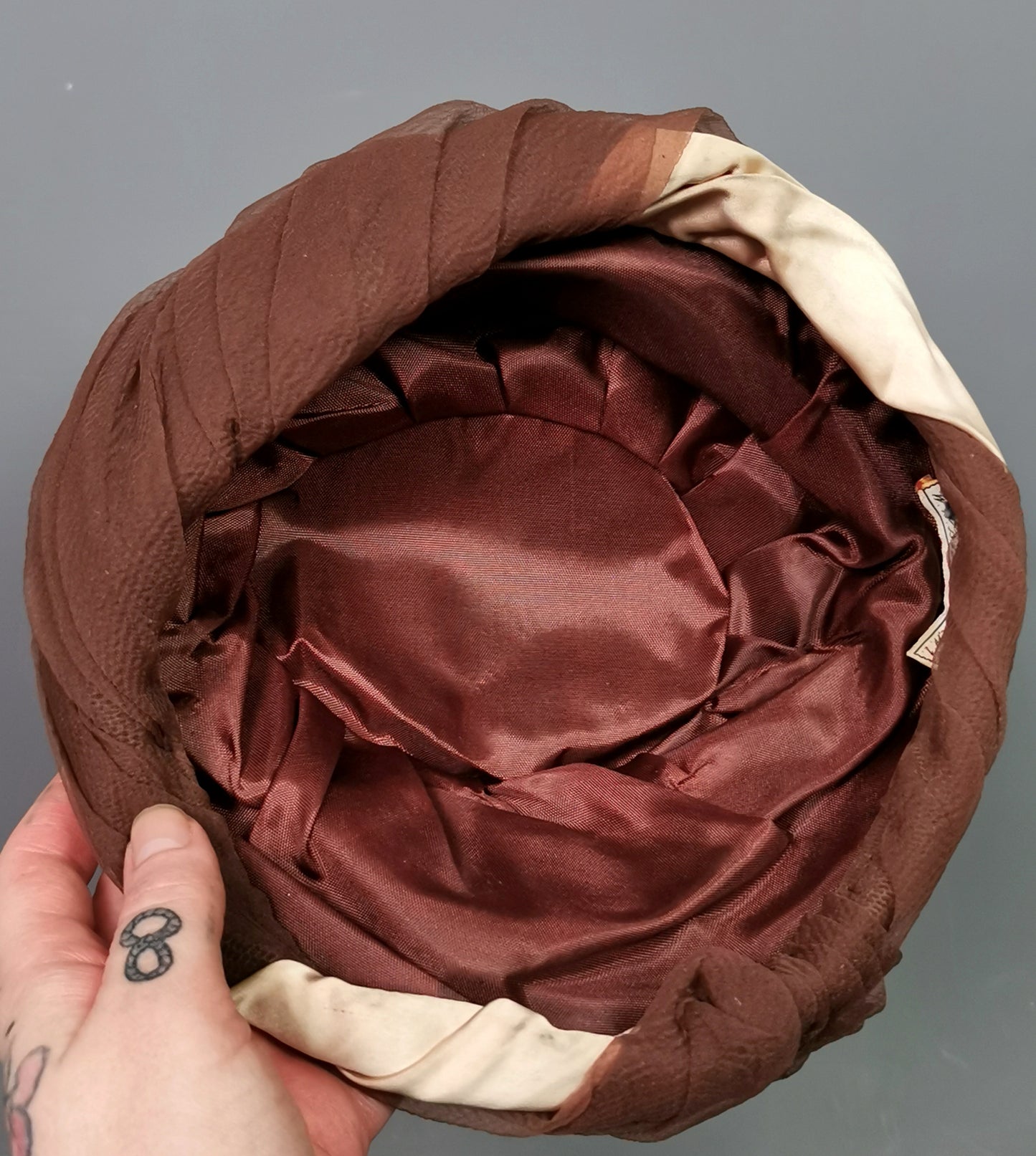 Vintage ladies ruched hat, Chocolate and Peach, c1950s