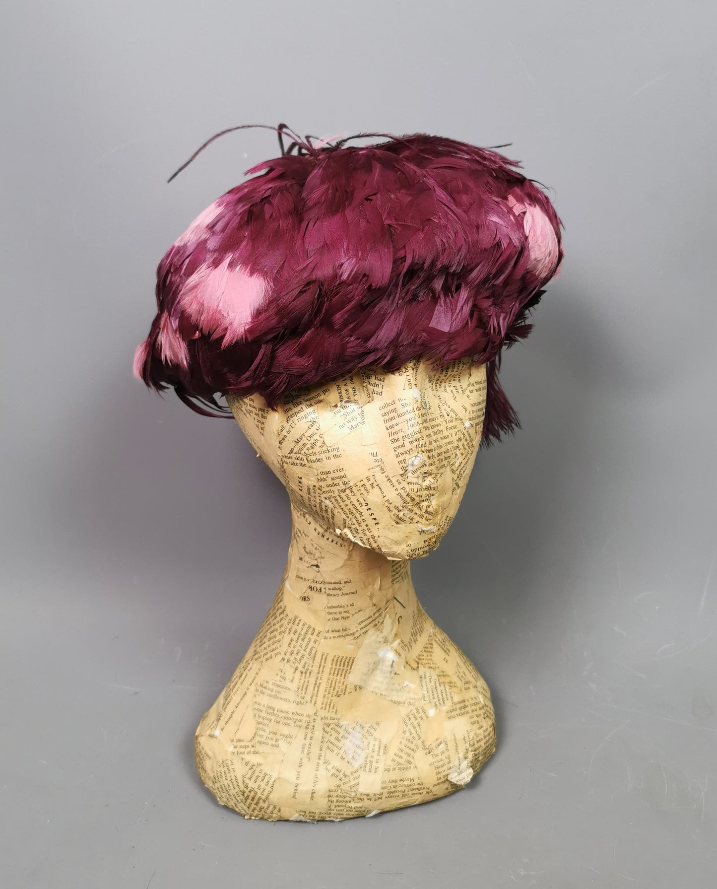 Vintage feather hat, magenta, Ostrich feather