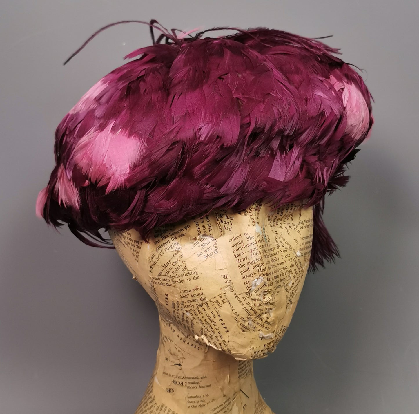 Vintage feather hat, magenta, Ostrich feather