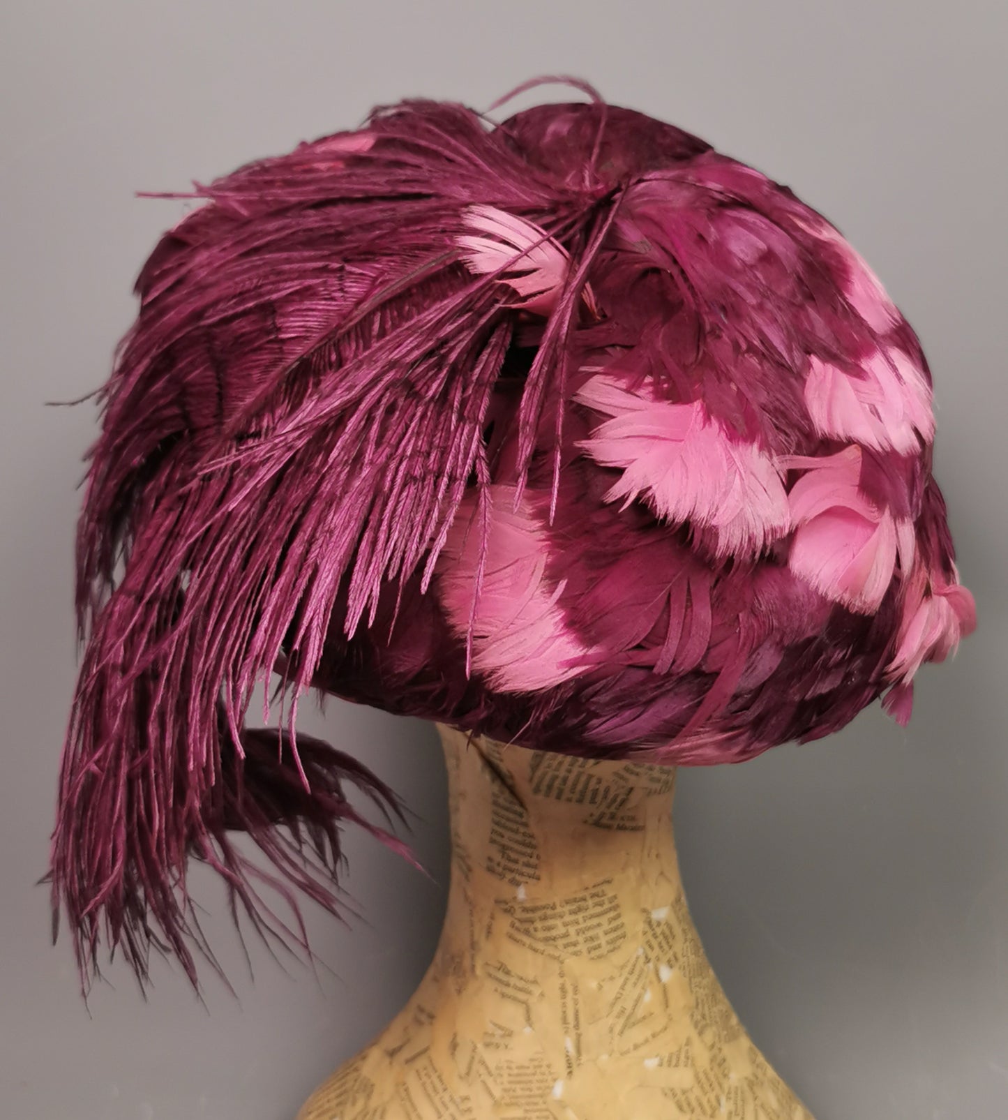 Vintage feather hat, magenta, Ostrich feather