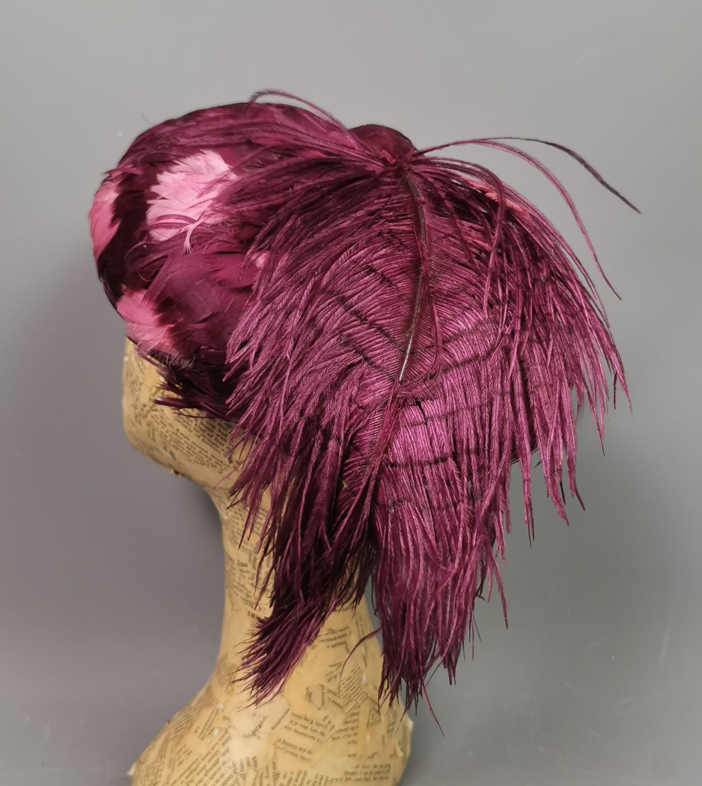 Vintage feather hat, magenta, Ostrich feather