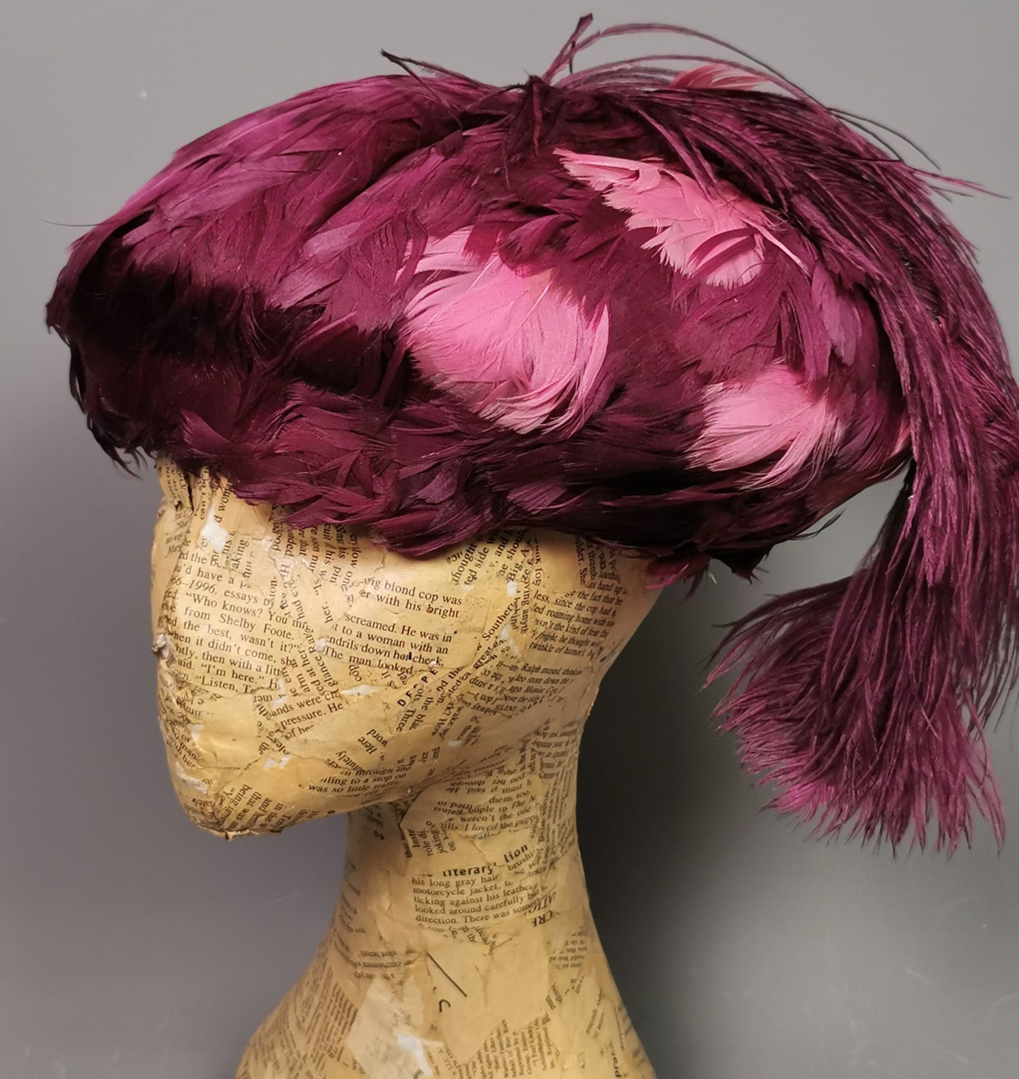 Vintage feather hat, magenta, Ostrich feather