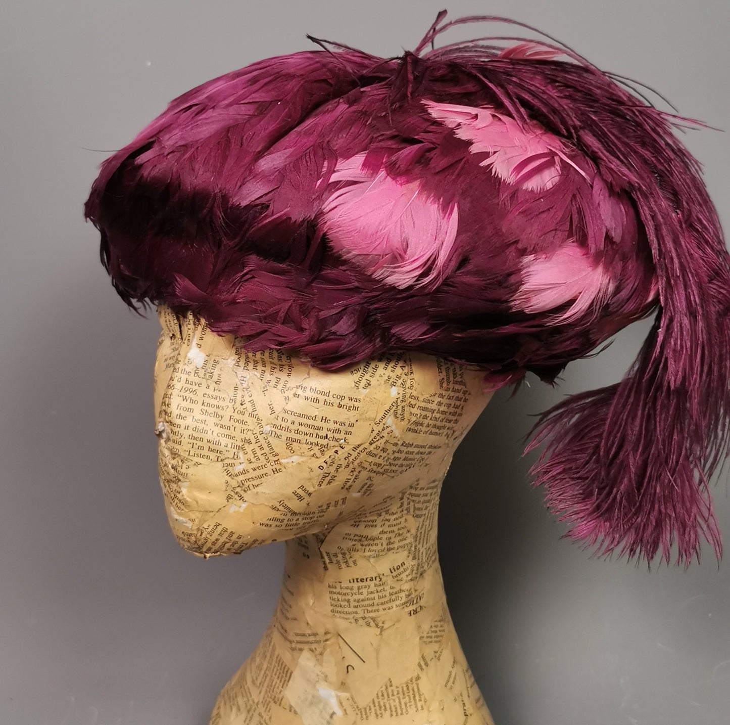 Vintage feather hat, magenta, Ostrich feather