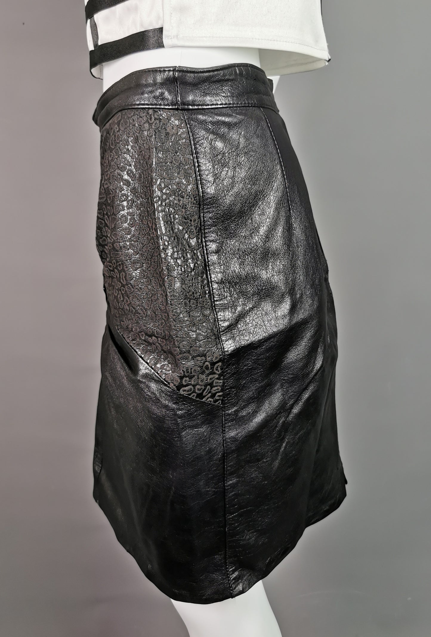 Vintage 1980s leather mini skirt, Animal print