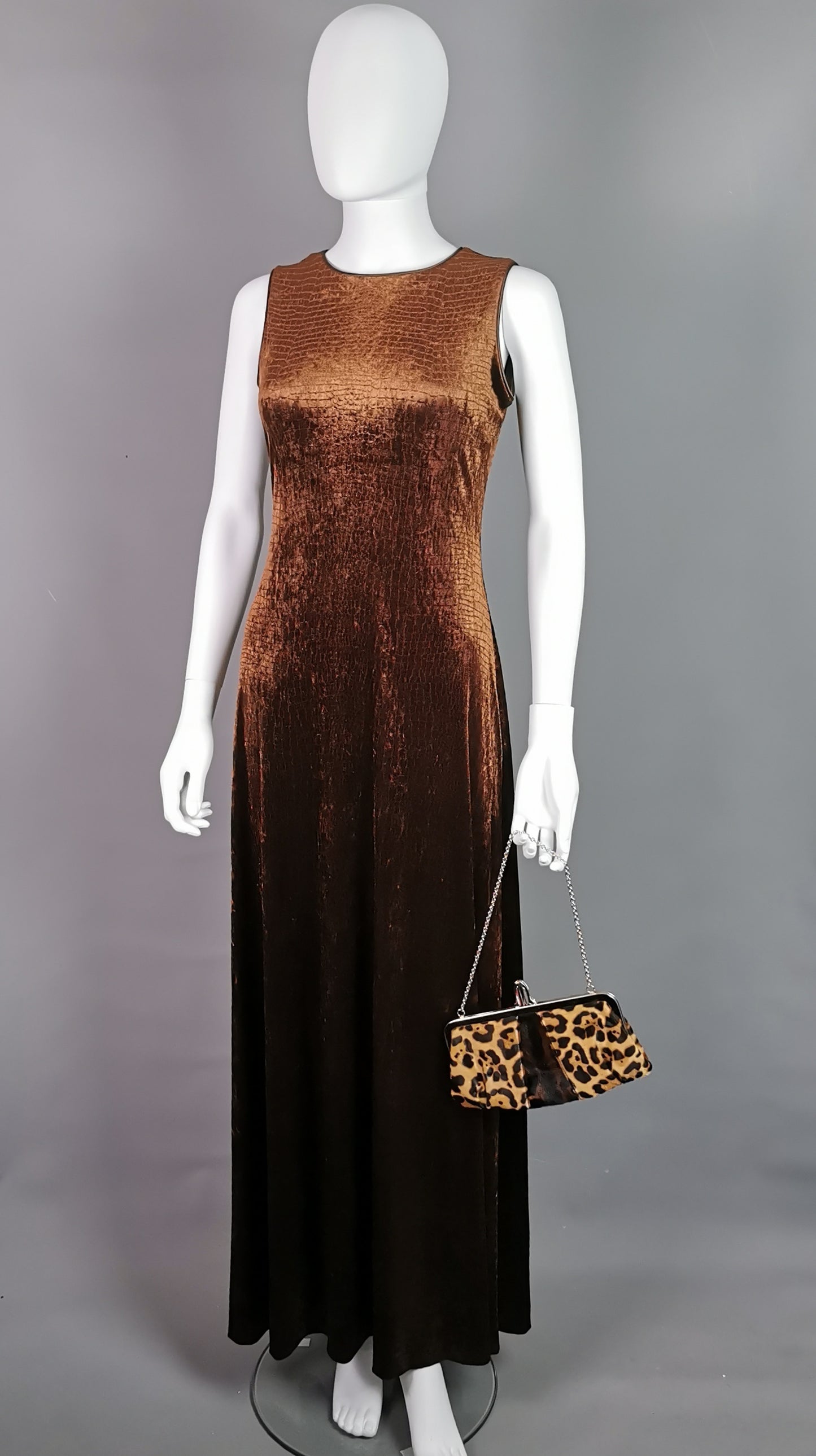 Vintage Animal print brown velvet maxi dress, Huey Waltzer for Neiman Marcus
