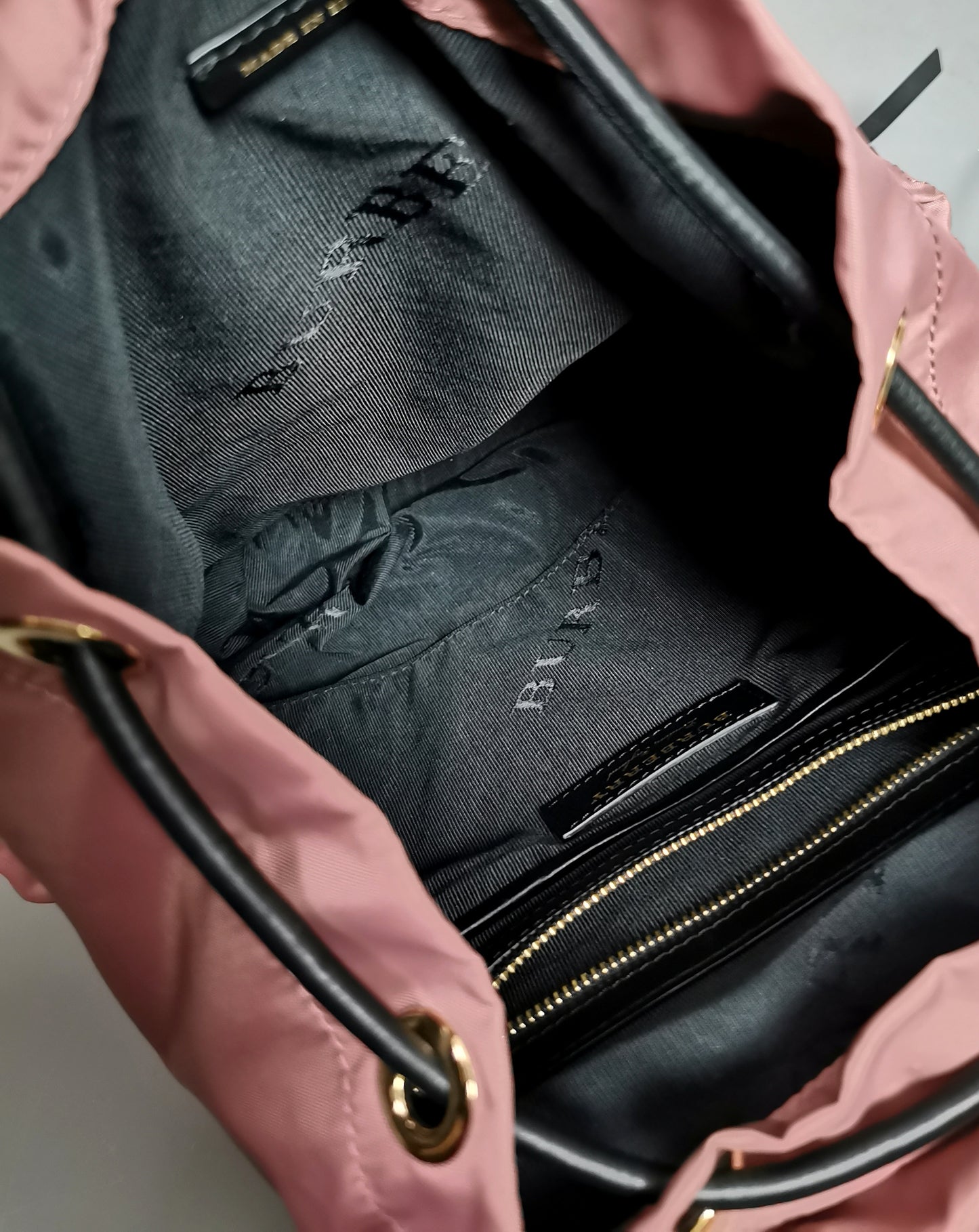 Burberry The Rucksack, pink nylon backpack, Gold tone hardware