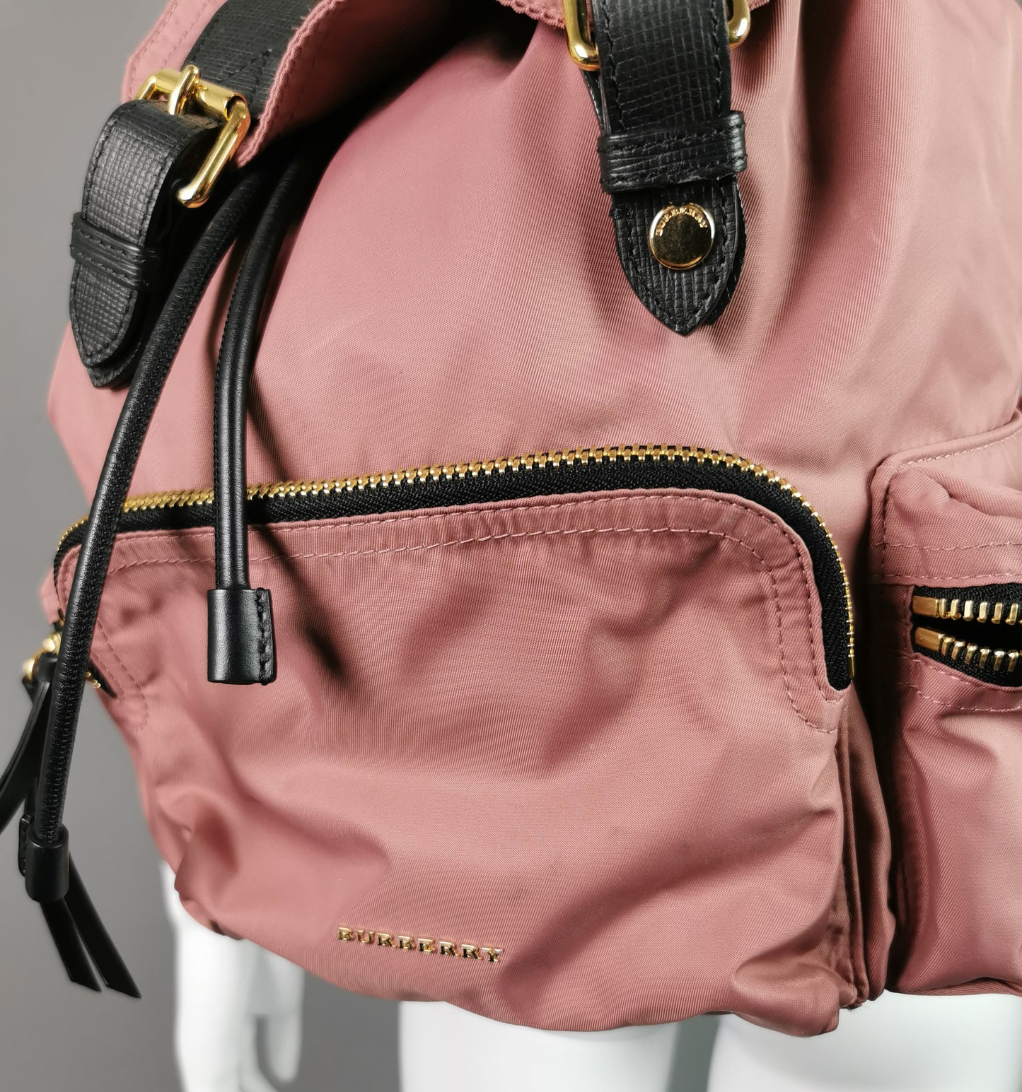 Burberry The Rucksack, pink nylon backpack, Gold tone hardware
