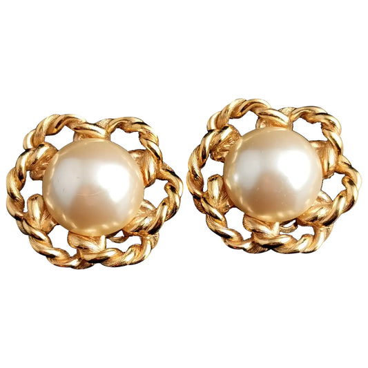 Vintage Givenchy faux pearl clip on earrings, Gold tone, c1980s