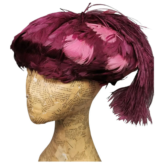 Vintage feather hat, magenta, Ostrich feather