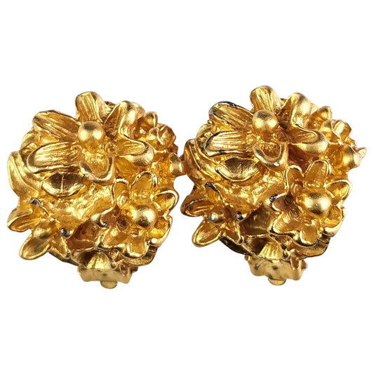 Vintage Gold tone floral clip on earrings, chunky