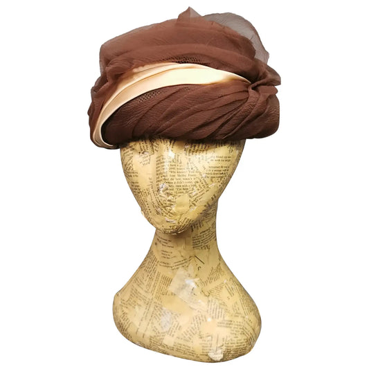 Vintage ladies ruched hat, Chocolate and Peach, c1950s