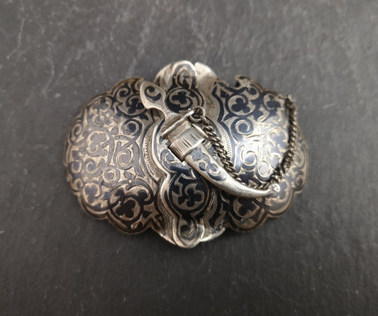 Antique Russian silver belt buckle, silver niello