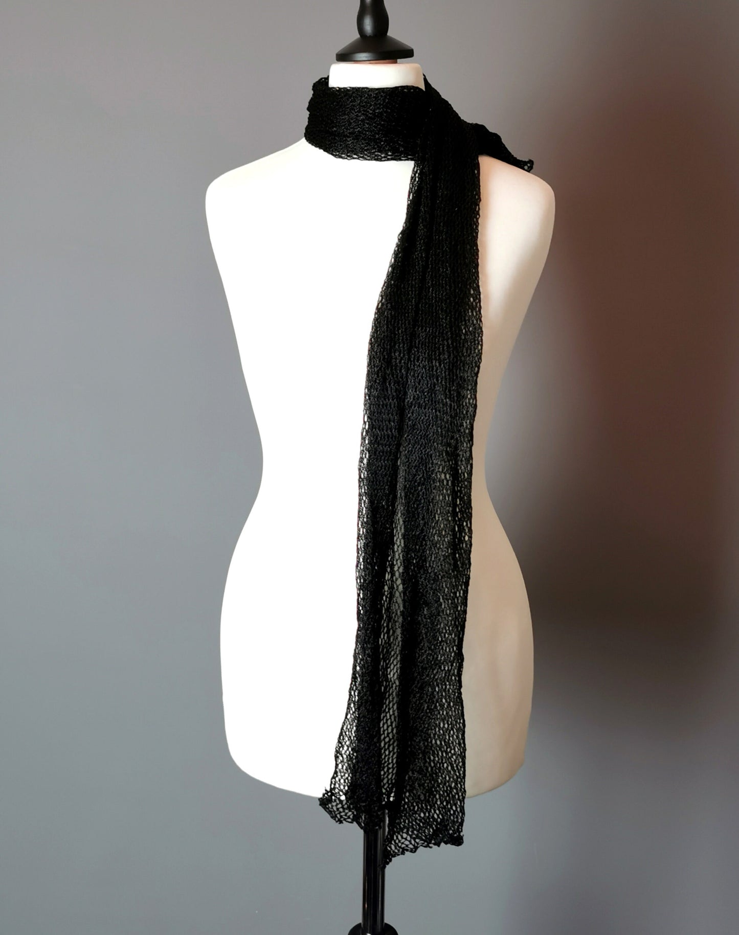 Antique Edwardian Black net lace scarf, fishnet