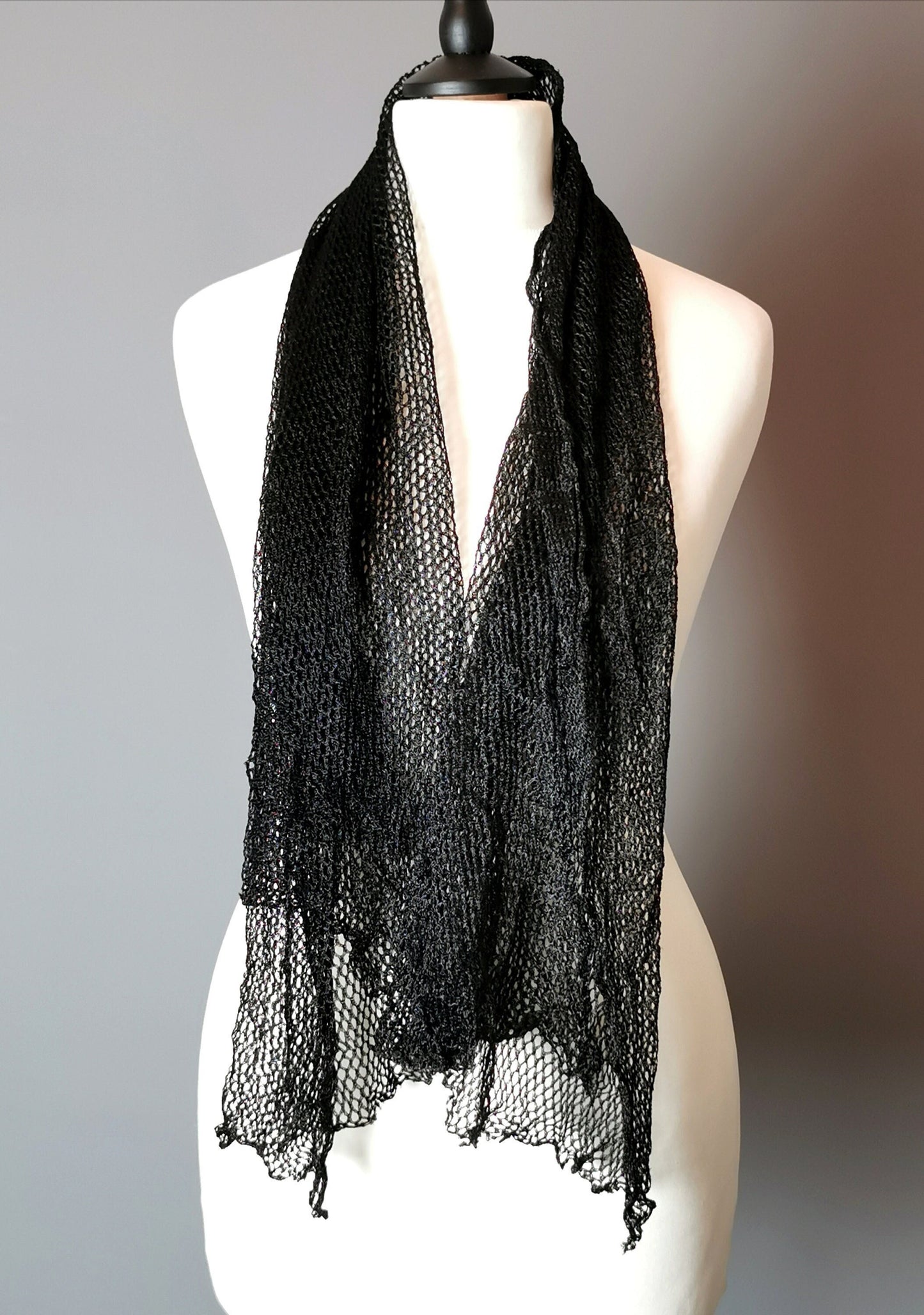 Antique Edwardian Black net lace scarf, fishnet