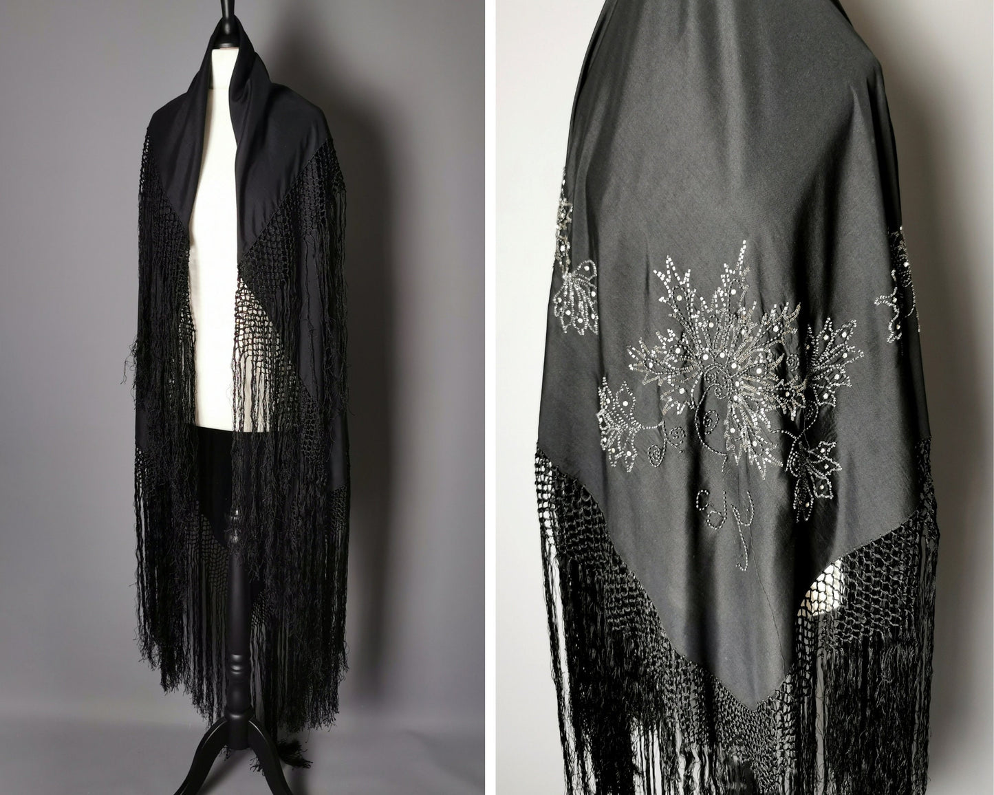 Vintage 1930s Black beadwork shawl, Art Deco