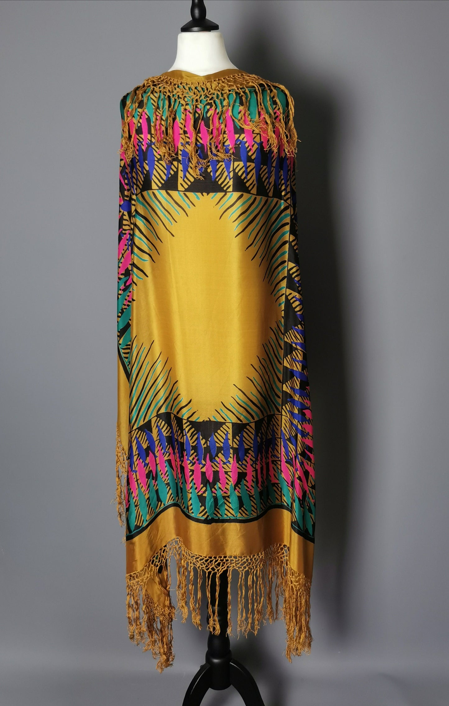 Vintage 1920s printed silk shawl, geometric bronze