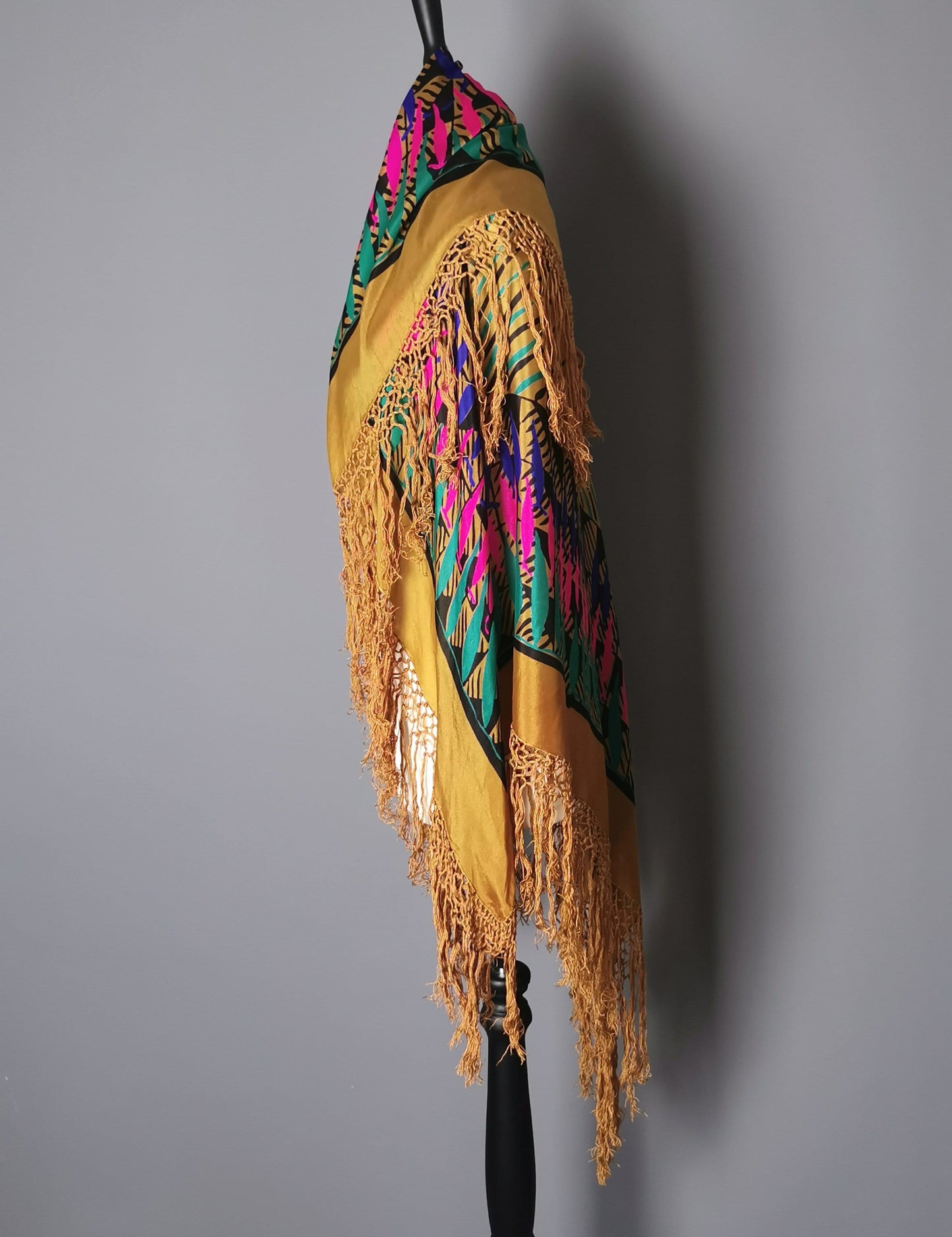 Vintage 1920s printed silk shawl, geometric bronze