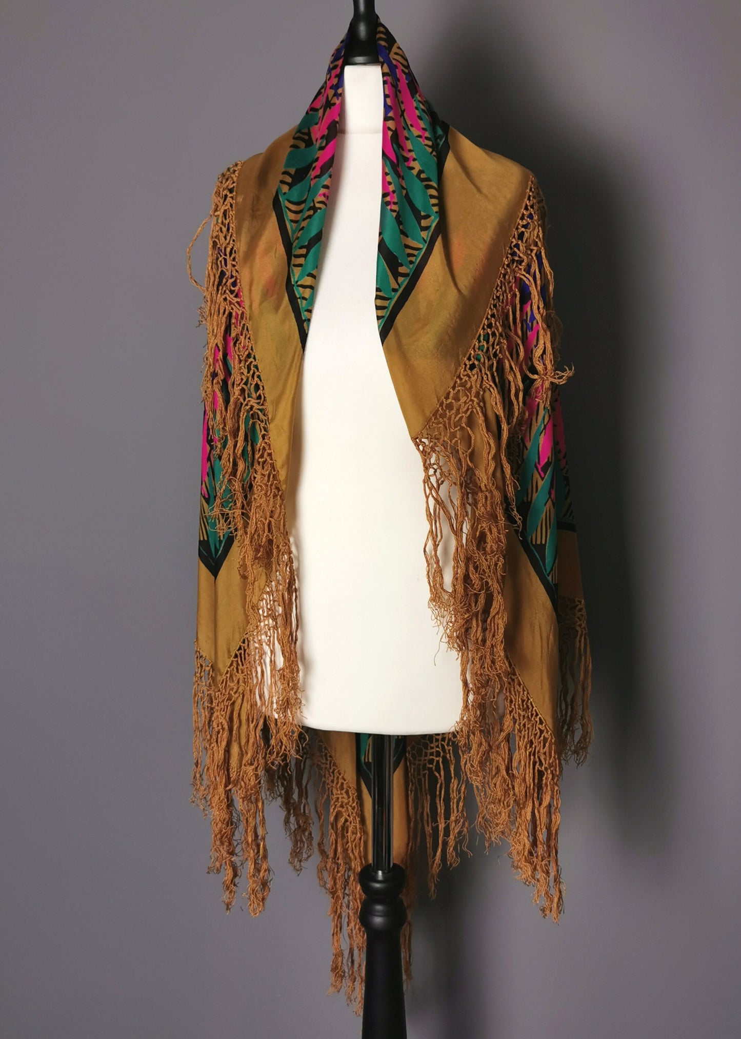Vintage 1920s printed silk shawl, geometric bronze