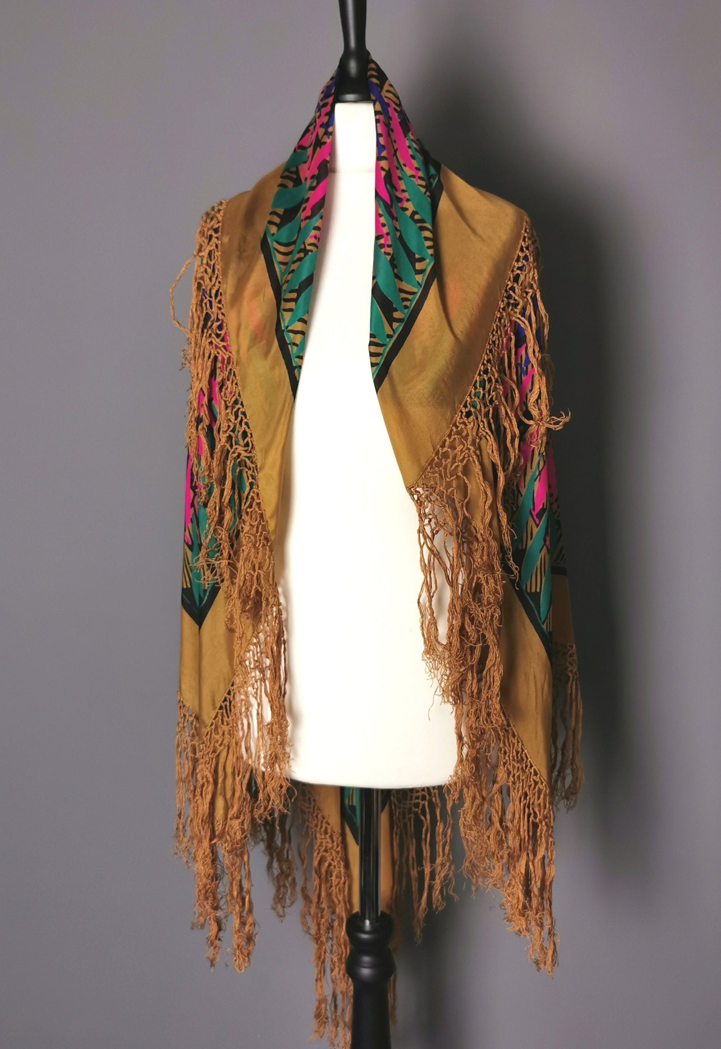 Vintage 1920s printed silk shawl, geometric bronze