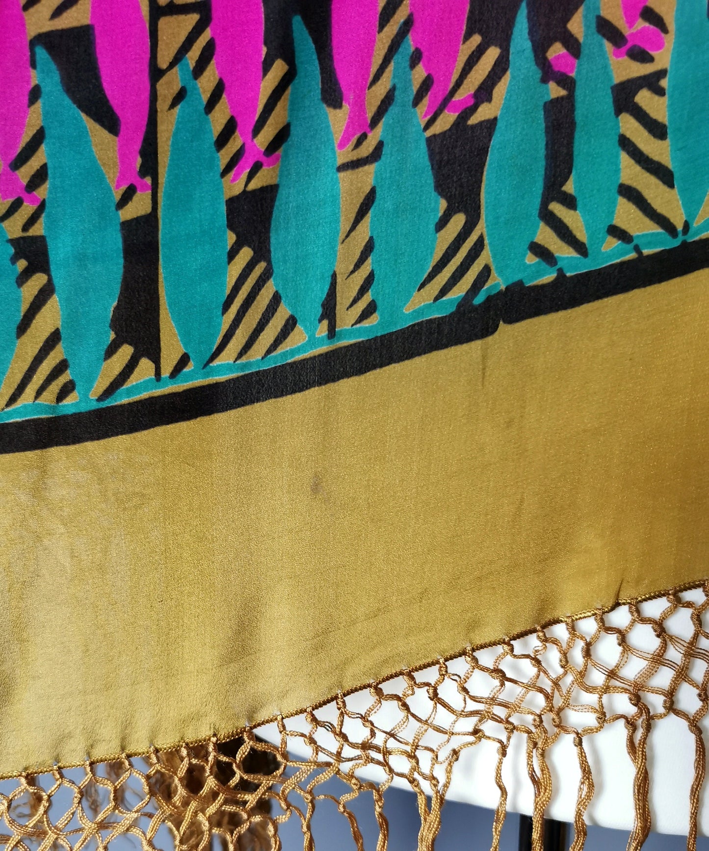 Vintage 1920s printed silk shawl, geometric bronze