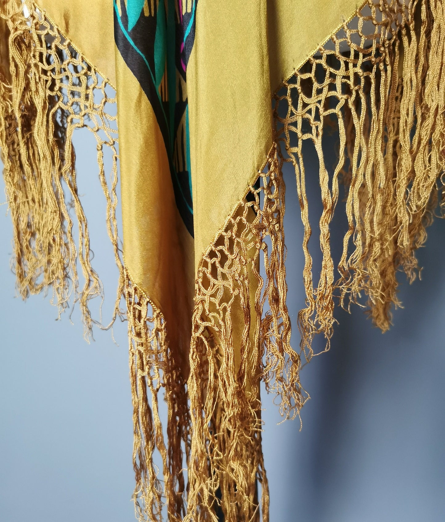 Vintage 1920s printed silk shawl, geometric bronze