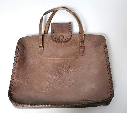 Vintage tooled leather handbag, Pine cone, Queenscraft