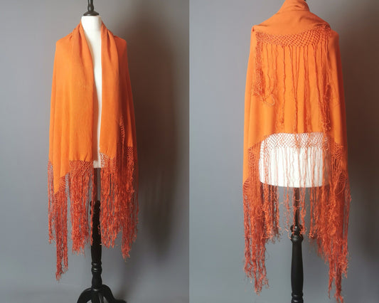 Vintage 30s French shawl, burnt orange crepe