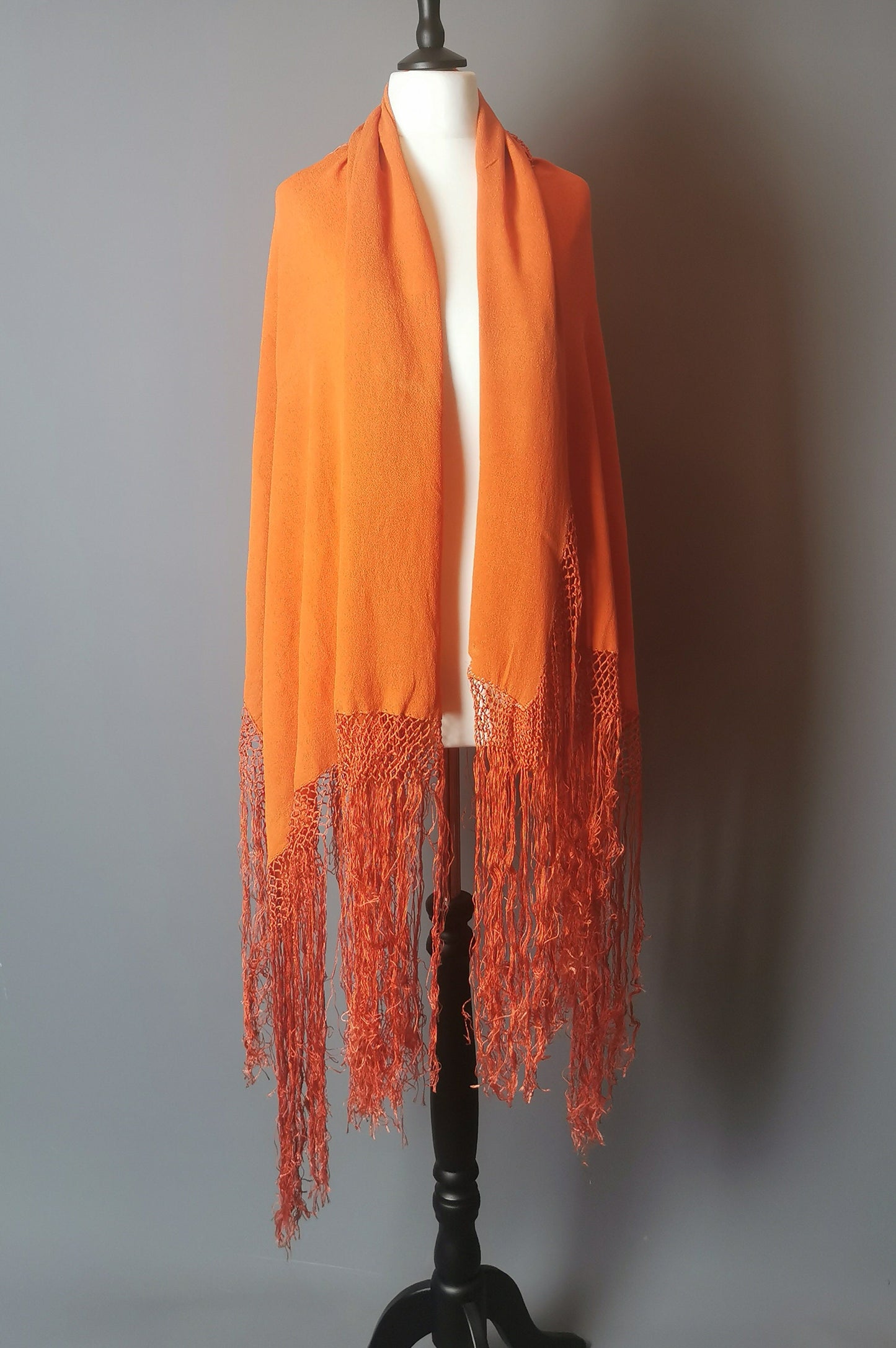 Vintage 30s French shawl, burnt orange crepe