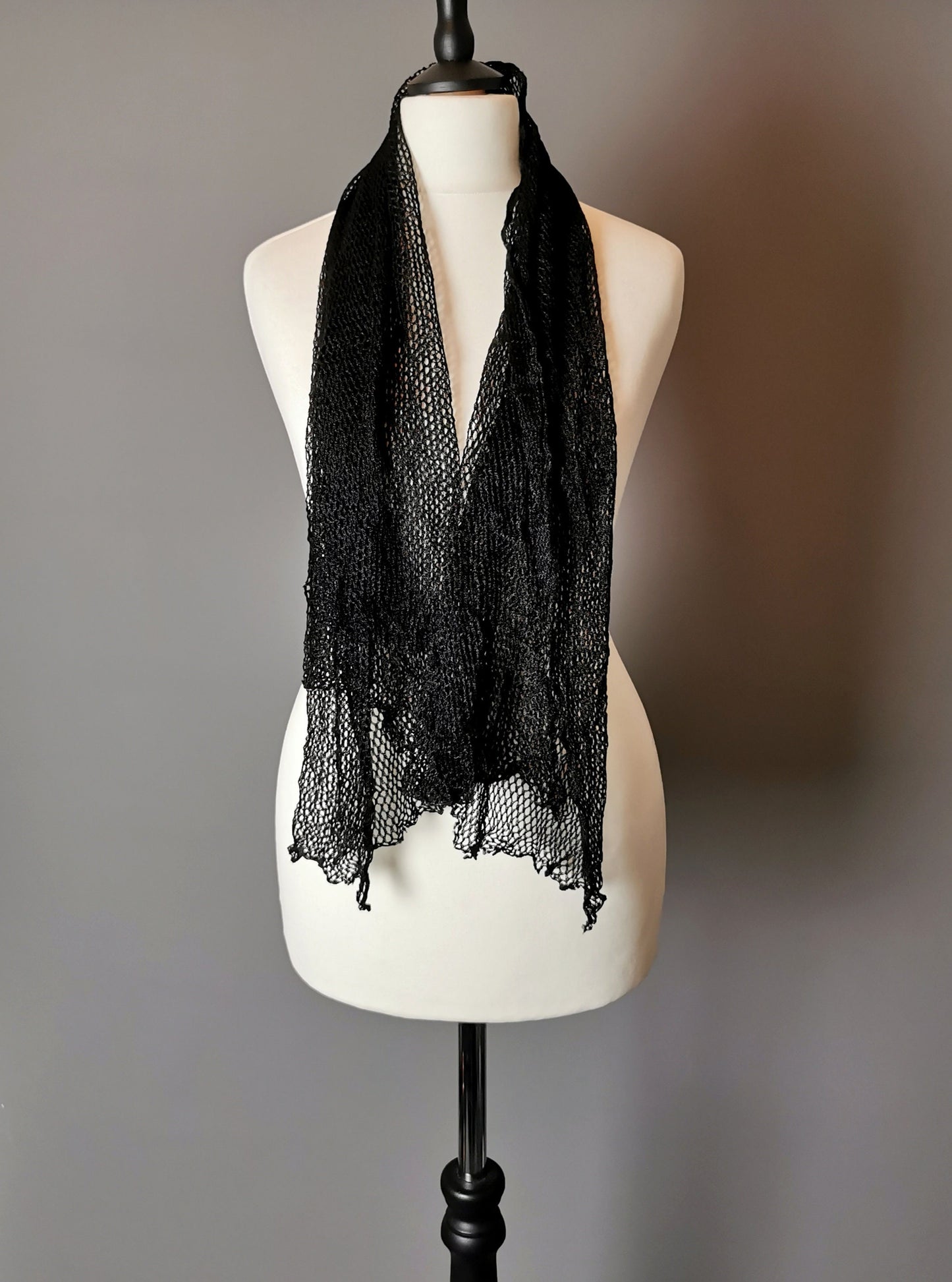 Antique Edwardian Black net lace scarf, fishnet