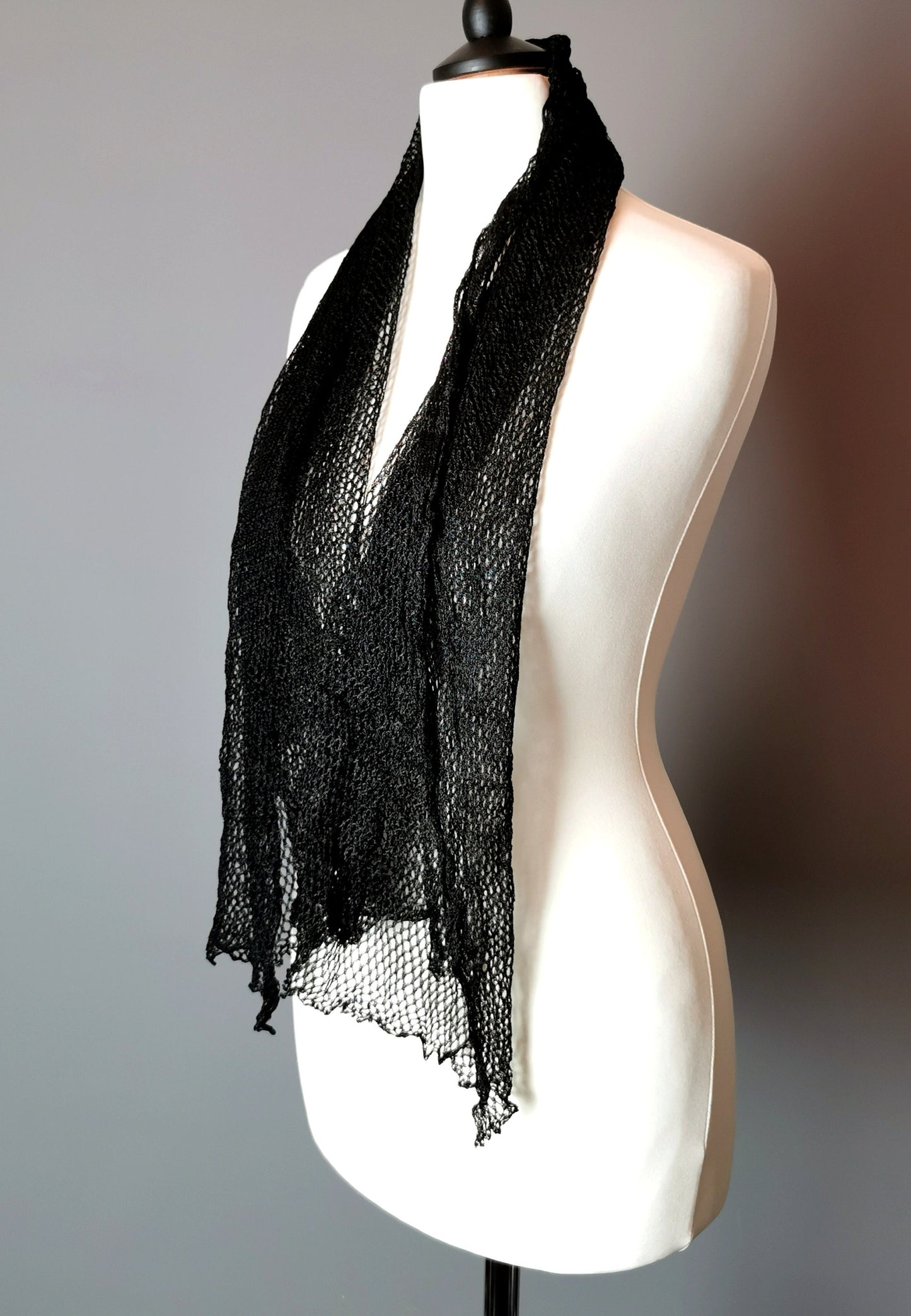 Antique Edwardian Black net lace scarf, fishnet