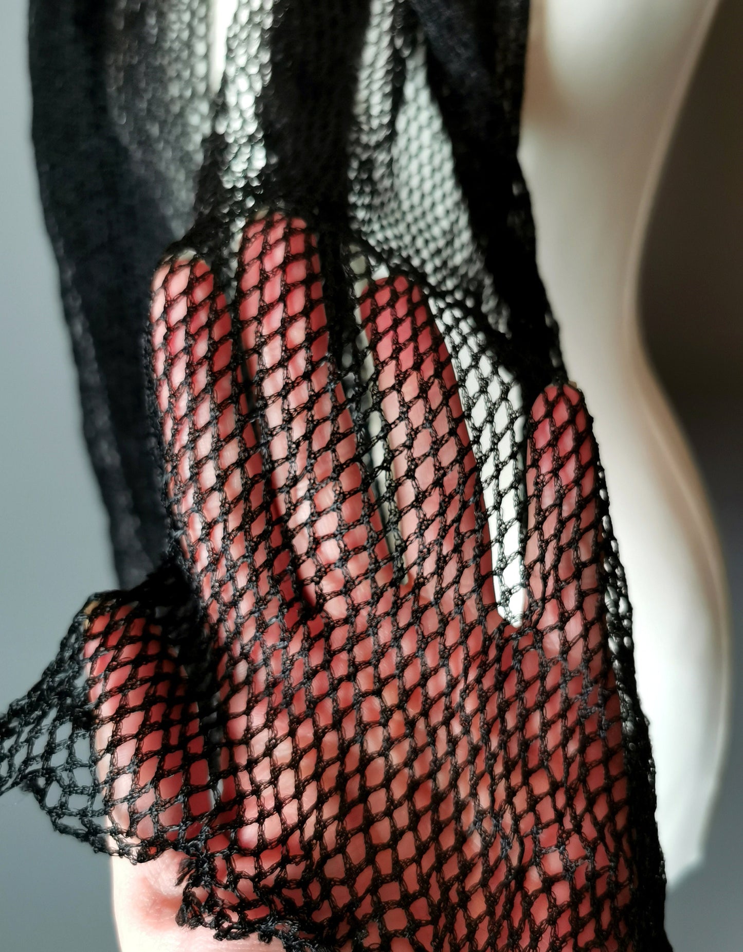 Antique Edwardian Black net lace scarf, fishnet