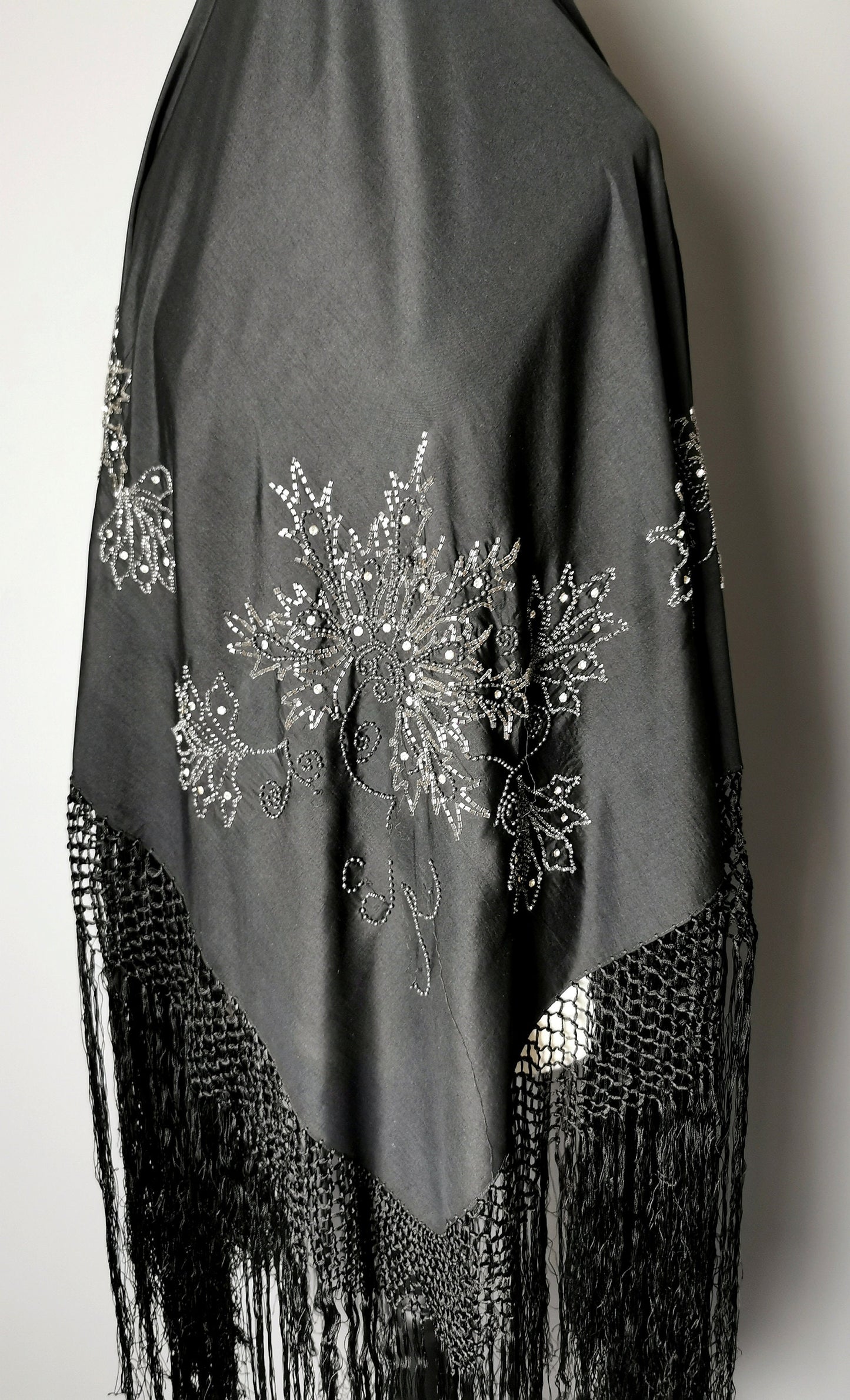 Vintage 1930s Black beadwork shawl, Art Deco