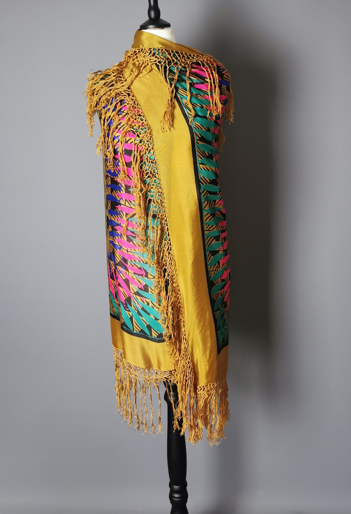 Vintage 1920s printed silk shawl, geometric bronze