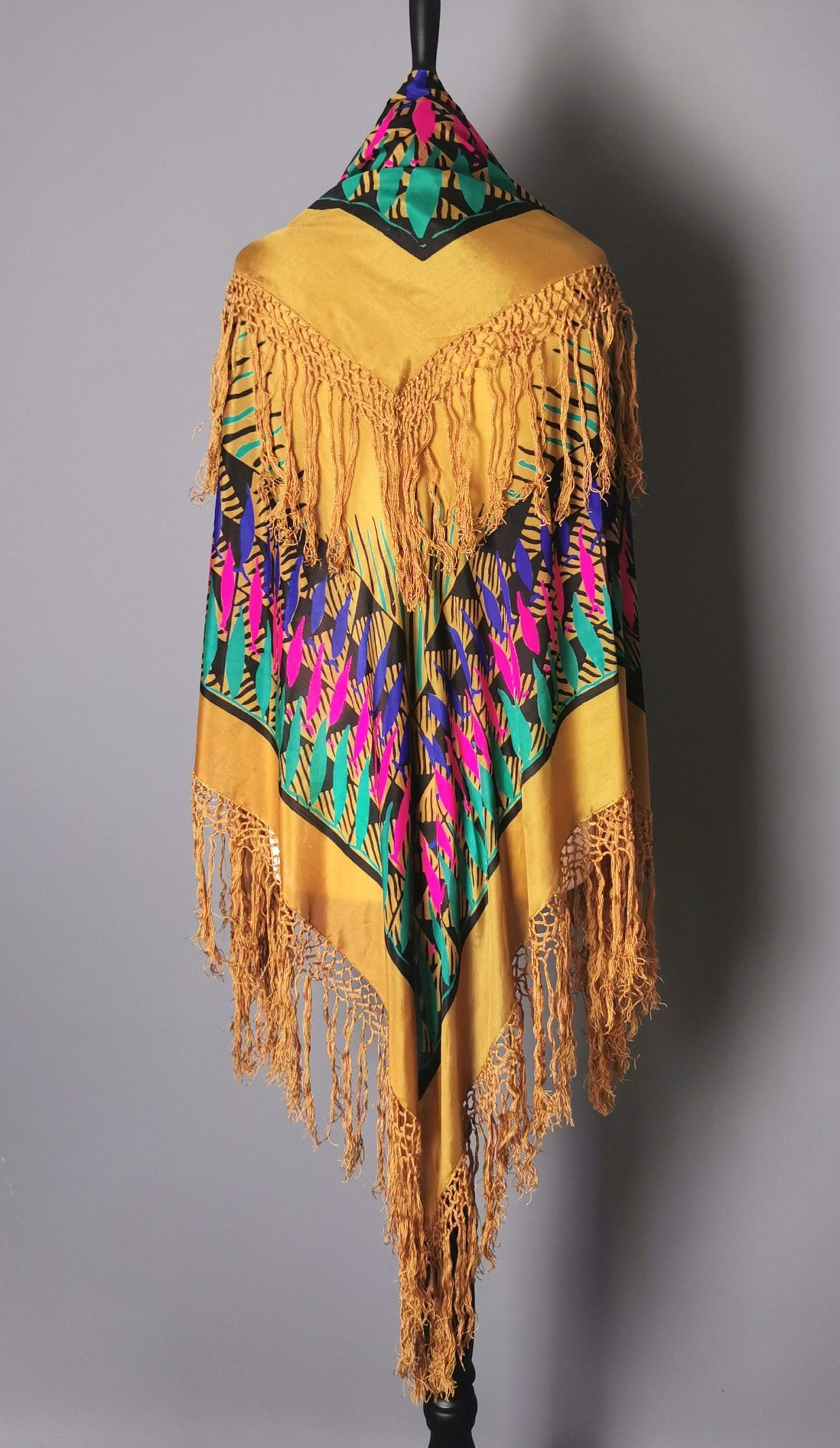 Vintage 1920s printed silk shawl, geometric bronze
