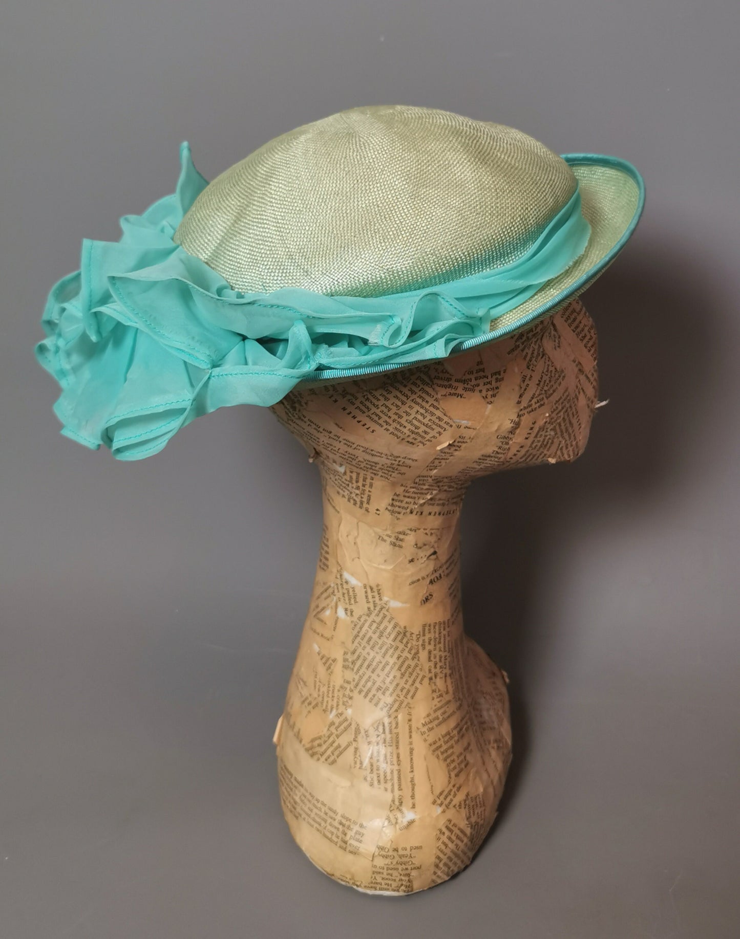 Vintage sisal formal hat, mint green, ruffle