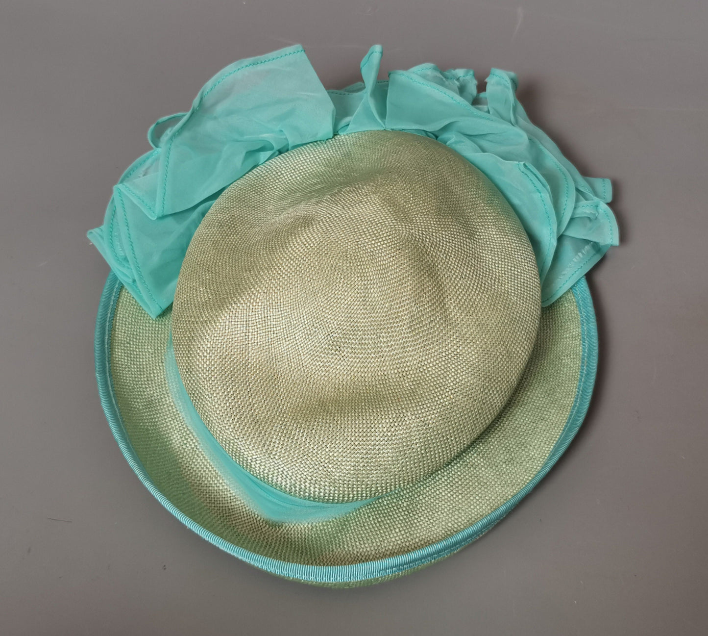 Vintage sisal formal hat, mint green, ruffle