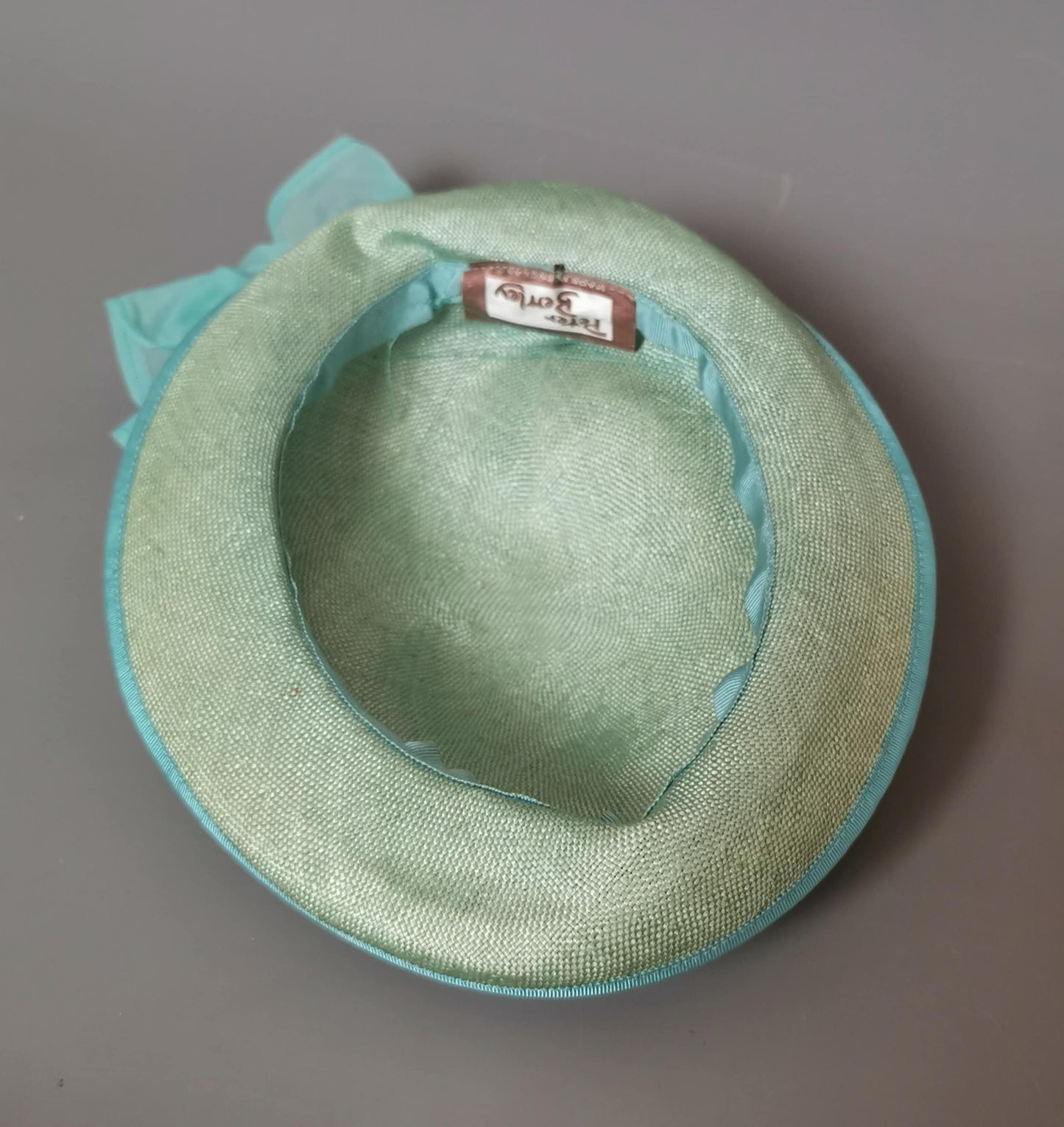 Vintage sisal formal hat, mint green, ruffle