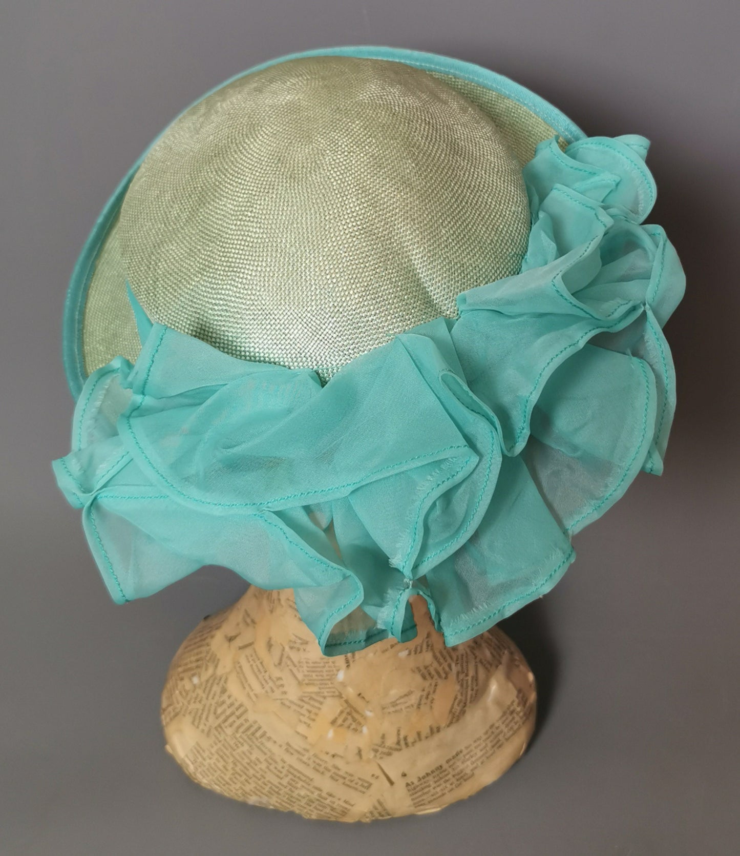 Vintage sisal formal hat, mint green, ruffle