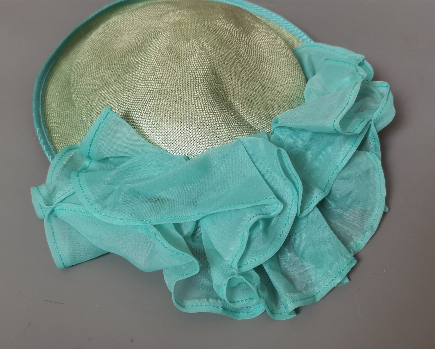 Vintage sisal formal hat, mint green, ruffle