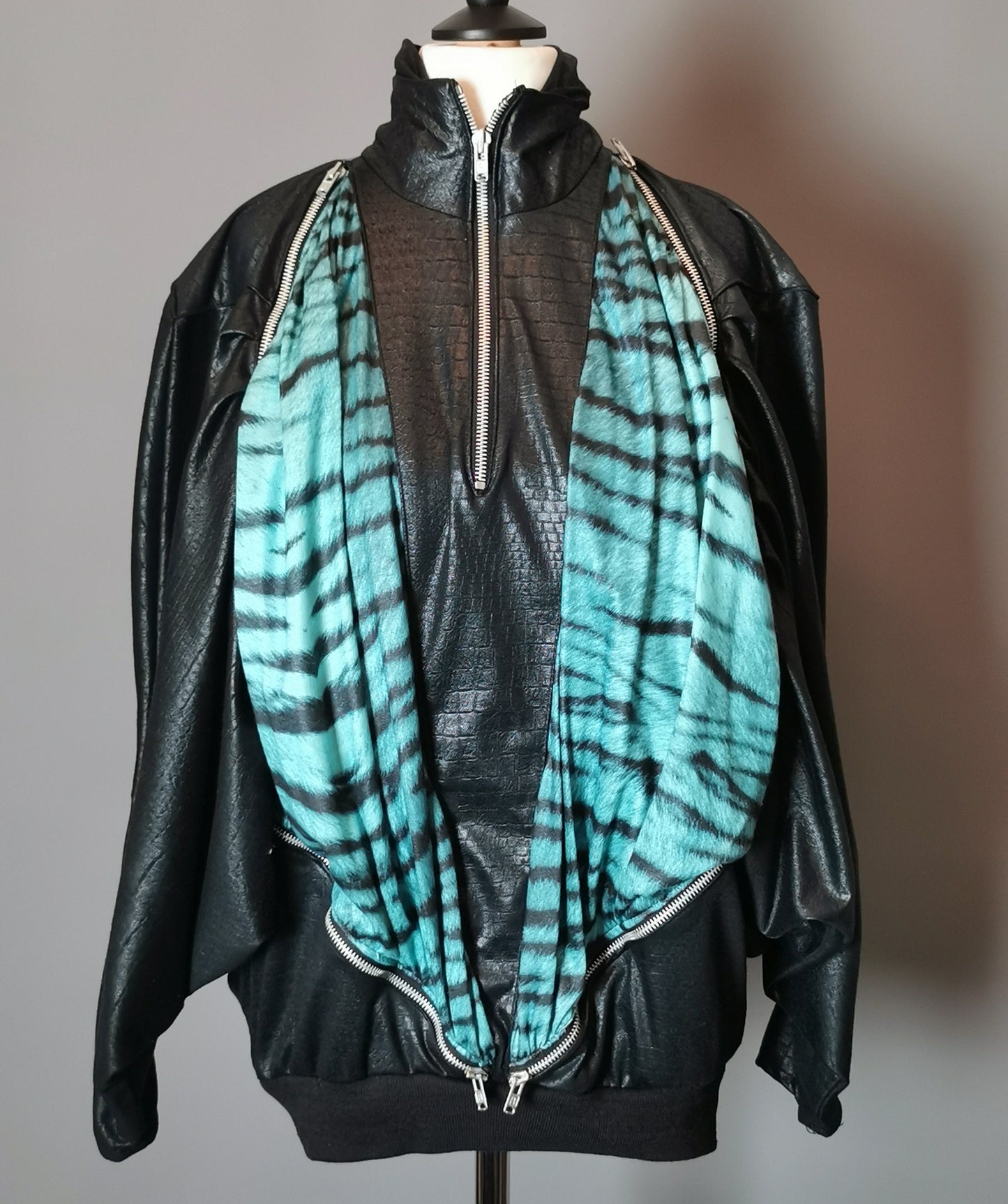 Vintage 80s batwing top, wet look, animal print, New Wave