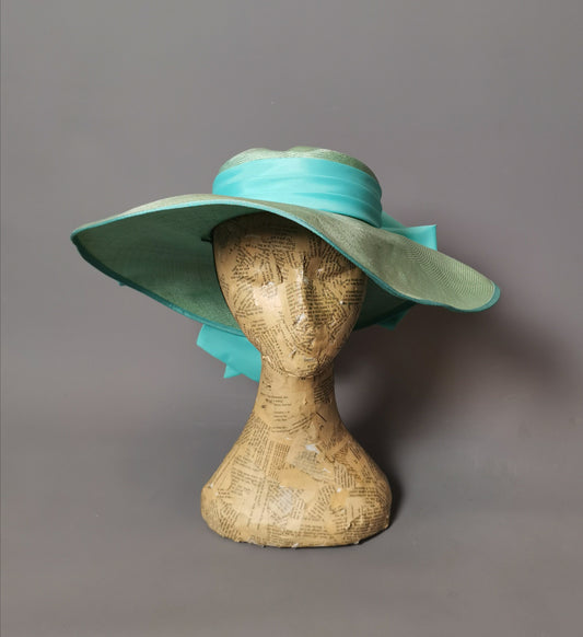 Vintage wide brim sun hat, mint green, bow back