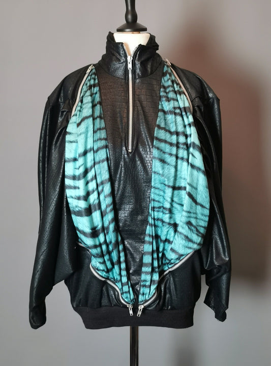 Vintage 80s batwing top, wet look, animal print, New Wave