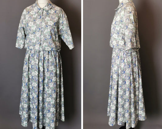 Vintage cotton skirt suit, two piece, floral, Viyella