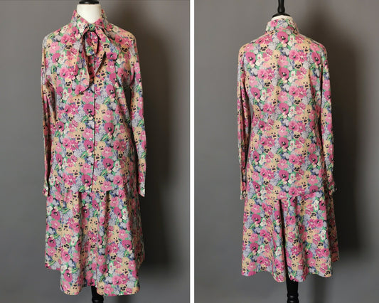Vintage Louis Feraud cotton skirt suit, pussy bow blouse, floral