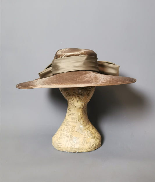 Vintage wide brim sun hat, dark toffee brown, bow back